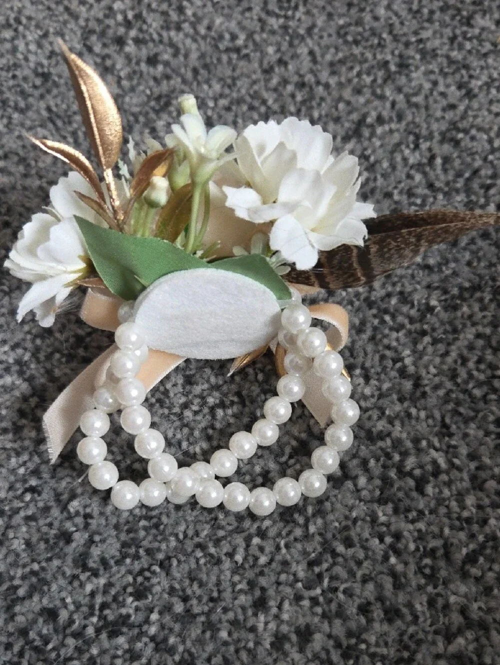 Tan Rose Pearl Wrist Corsage with Gold Accents And Feather